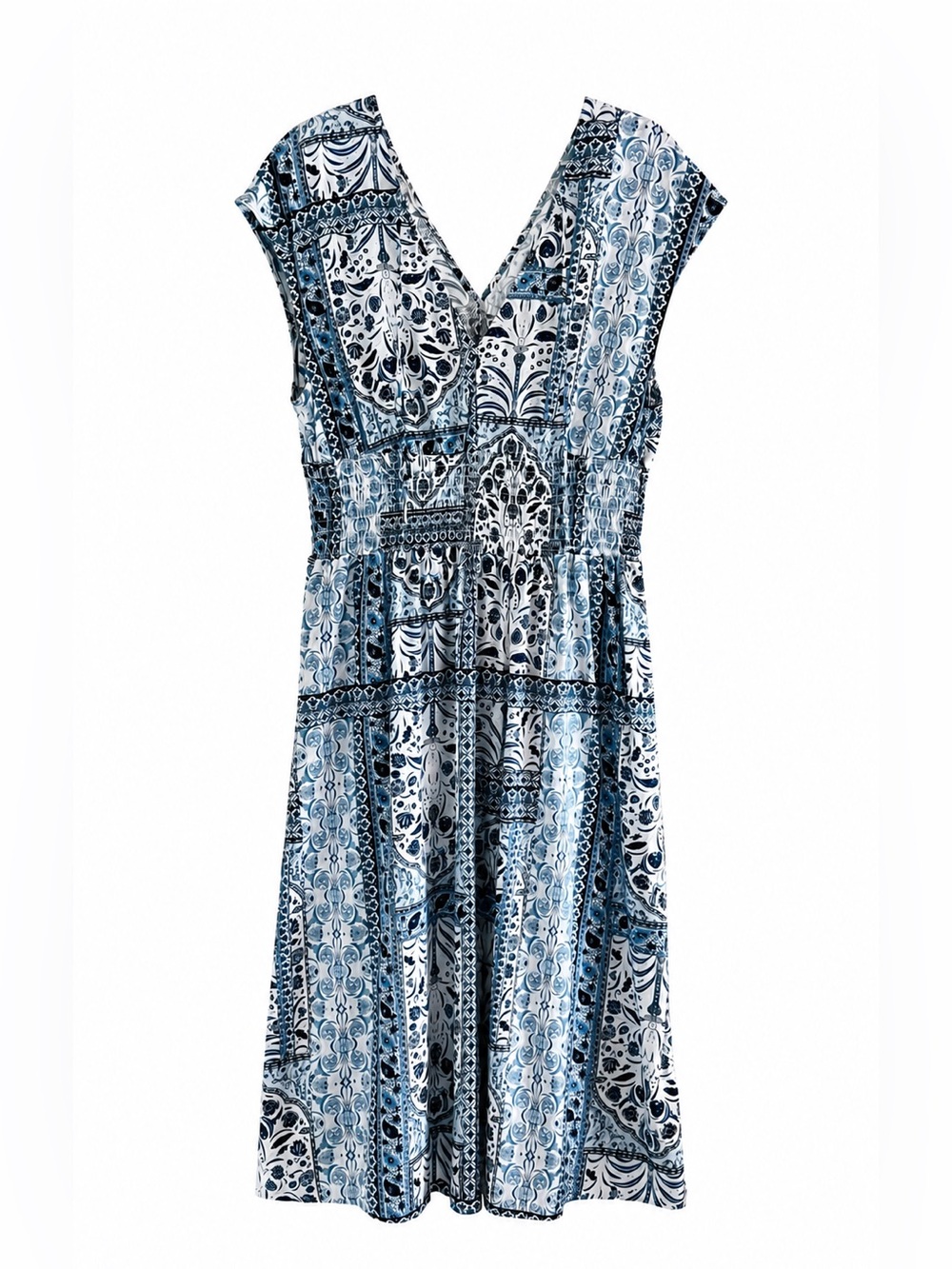 Old Navy Midi Dress Women’s Large Blue White Smocked Floral Paisley Pockets Boho